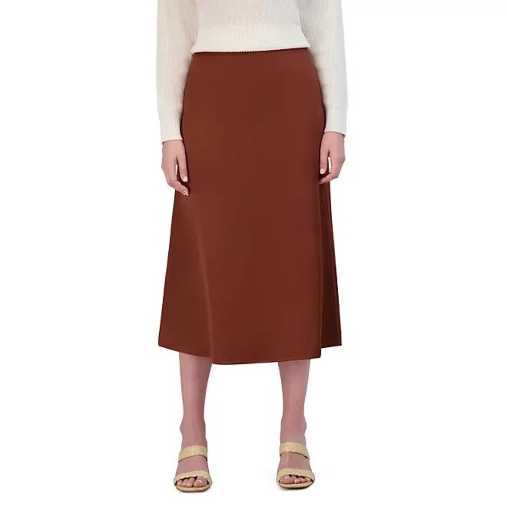 French Connection Womens Satin Skirt Size L Casablanca Brown Midi Flare NEW